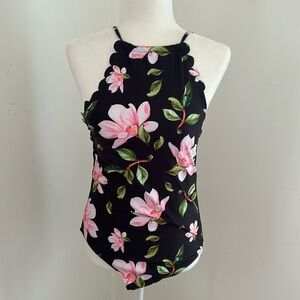 Marinavida Black/Pink Floral One Piece Bathing Suit sz L